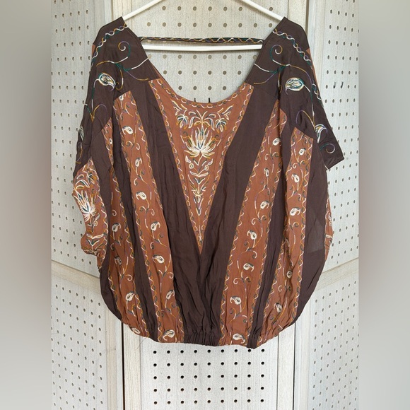 Sterling & Stitch Tops - Embroidered Boho Peasant Blouse in Brown
